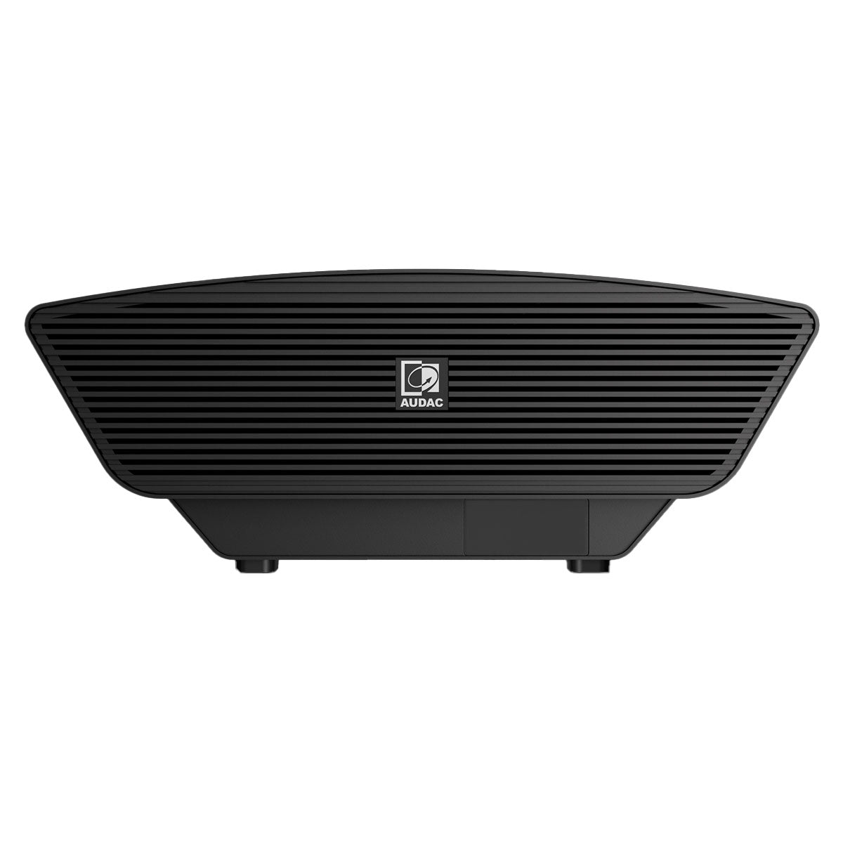 A compact black bass cabinet with a curved front design, made of aircraft-grade aluminum, featuring the Audac brand logo.