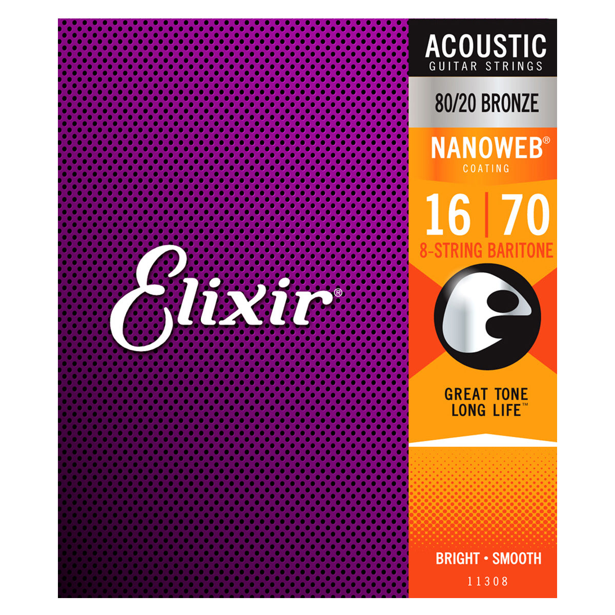 Elixir 11308 Acoustic 80/20 Bronze with NANOWEB Coating 8-String Baritone (.016-.070)