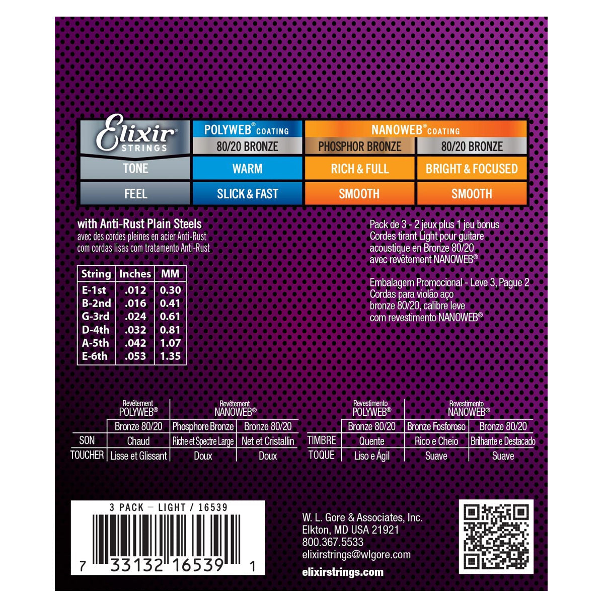 Elixir 16539 Nanoweb Coating 80/20 Bronze Acoustic Guitar Strings Light 0.12-0.53 3-PACK Folk Steel Strings