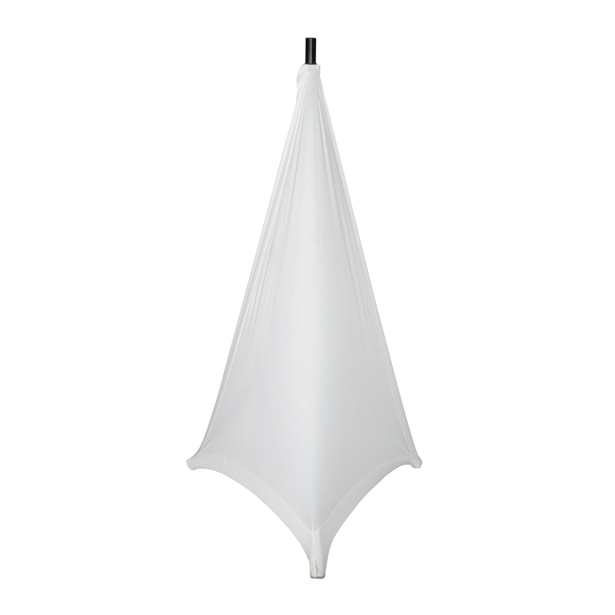 A white stretchy stand cover designed to cover two sides of a tripod style speaker stand, featuring a scrim design.