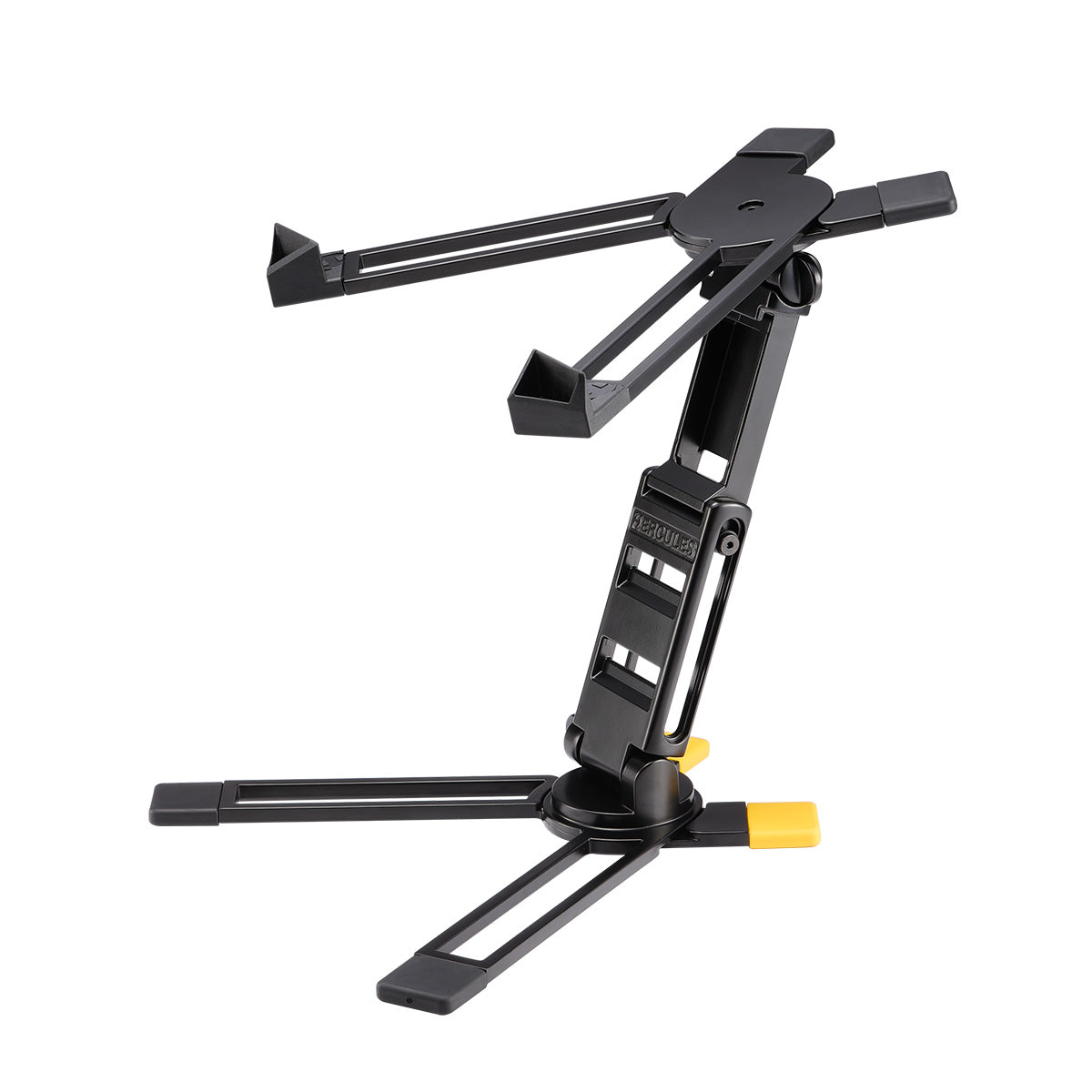 Black adjustable microphone stand on a white background
