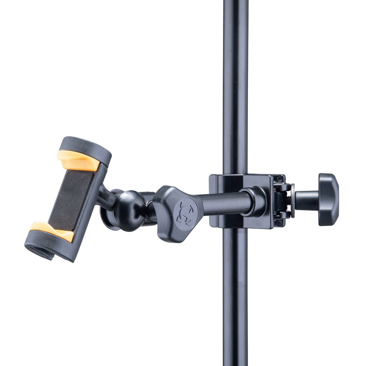 A black Hercules DG207B smartphone holder with a TightVice locking mechanism, designed to attach to a desk or microphone stand.