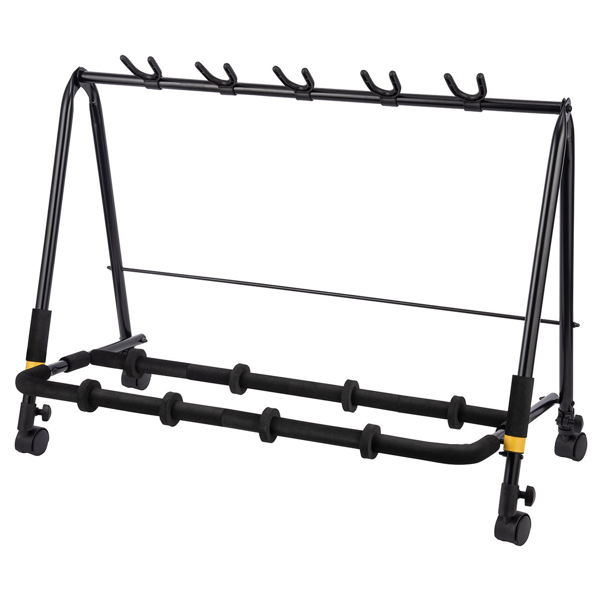 A black Hercules brand guitar rack stand with caster wheels, designed to hold multiple guitars.