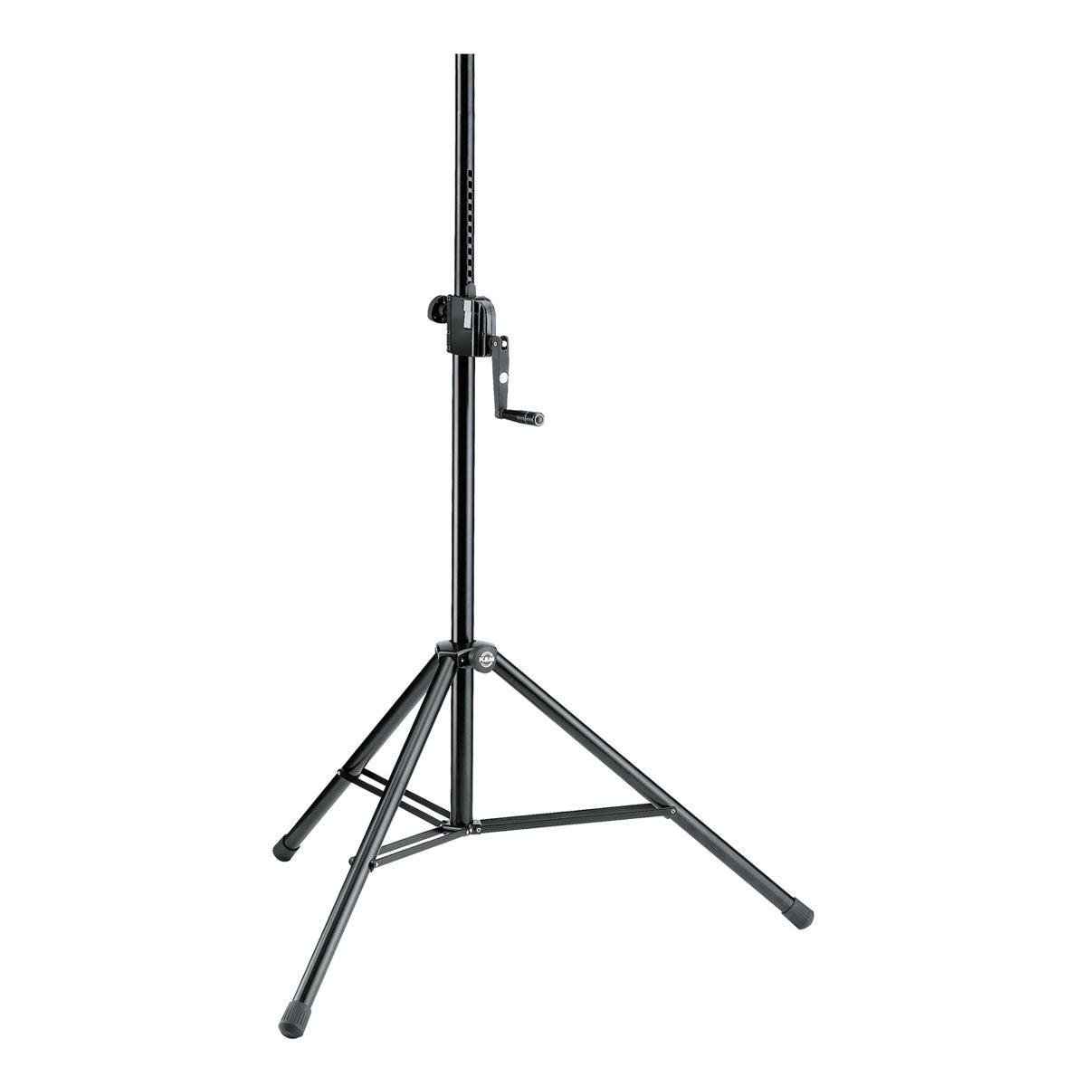 A black metal speaker stand featuring a hand crank for height adjustment, a push button system, and a tripod base.