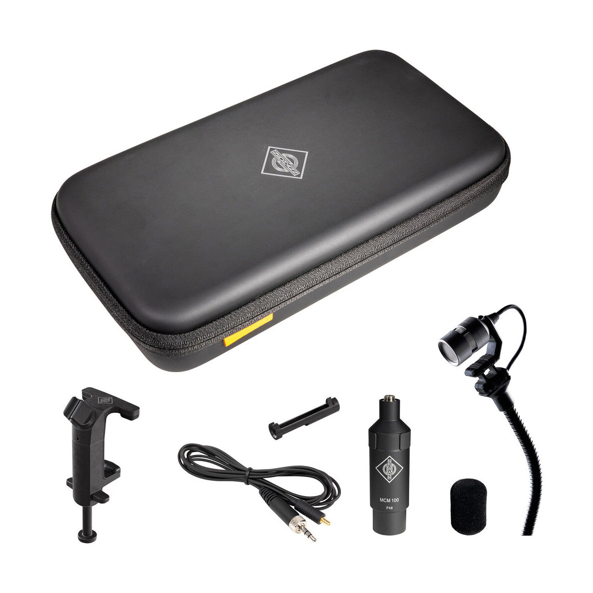 Neumann MCM 114 Set High Strings including a miniature clip microphone system with various accessories such as mounting clips, gooseneck, cable options, and a foam windscreen, displayed alongside a soft case.