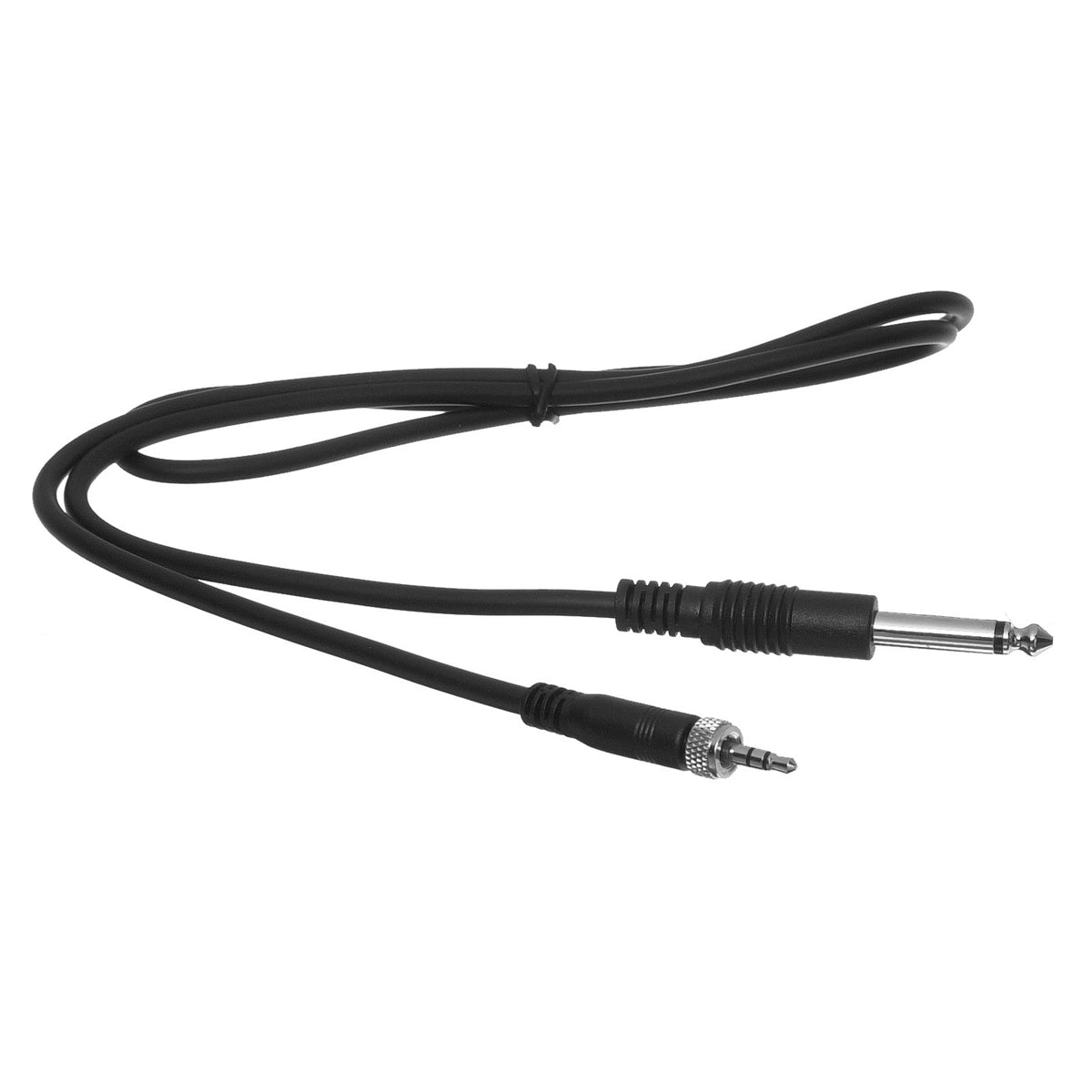 A black connecting cable for electric guitars or basses, featuring a 6.35 mm jack on one end and a 3.5 mm jack on the other.