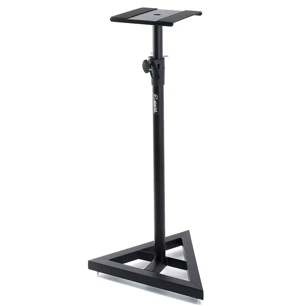 A black height-adjustable speaker stand with a steel tray and plastic feet.