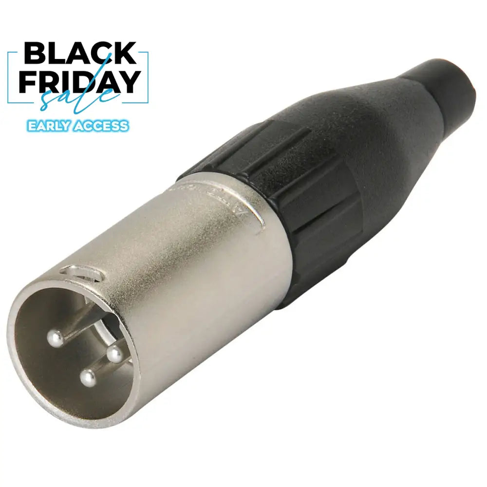 An Amphenol AC3MM Male XLR 3 Inline connector with machined contacts and a nickel finish.