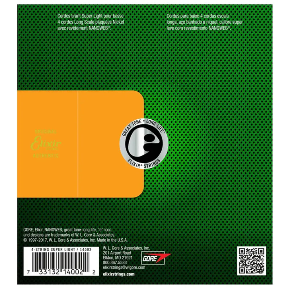 Elixir 14002 Nanoweb Coating Nickel Plated Steel 4-String Bass Guitar Strings Super Light Long Scale (0.40-0.95)