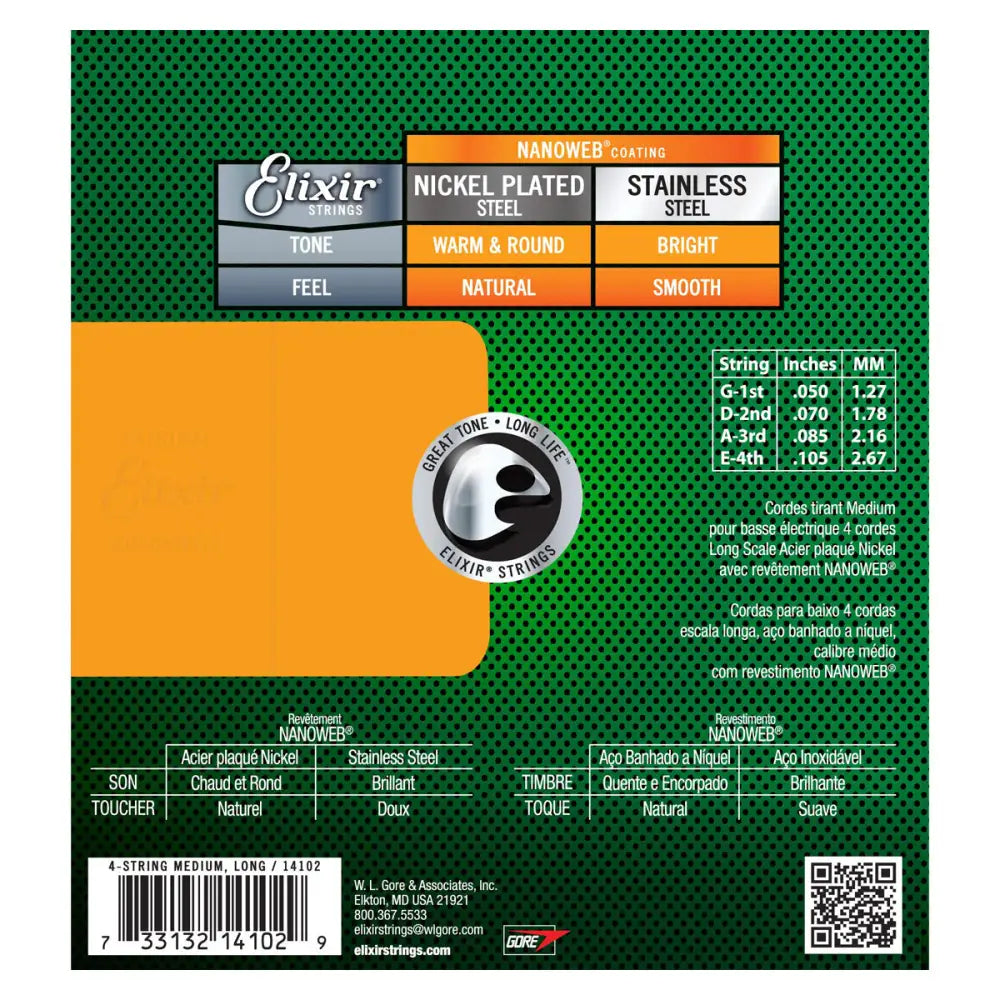 Elixir 14102 NANOWEB Coating Nickel Plated Steel Electric 4-String Bass Guitar Strings Medium Long Scale (.050-.105)