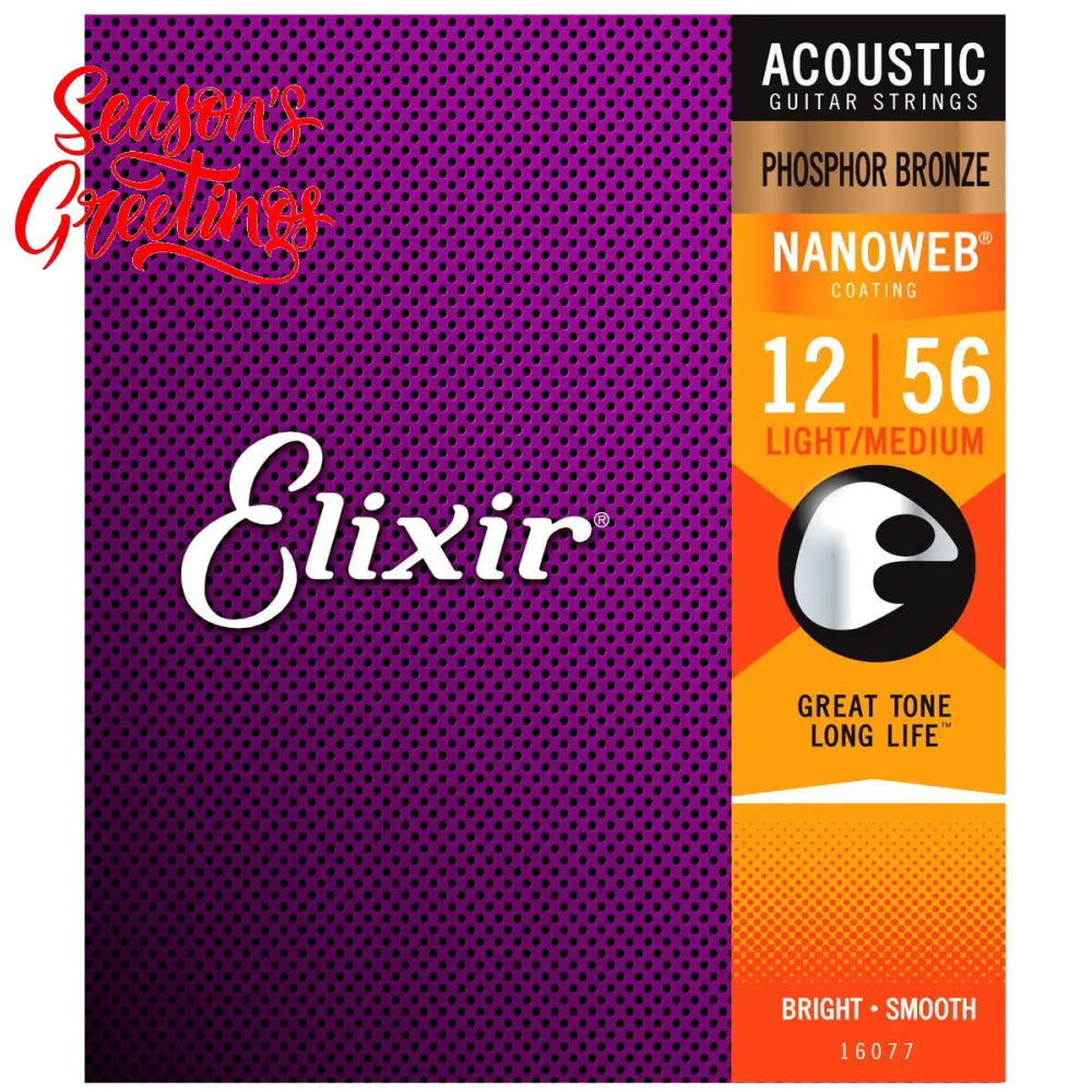 Elixir 16077 Nanoweb Coating Phosphor Bronze Acoustic Guitar Strings Light Medium (0.12-0.56) Folk Steel Strings