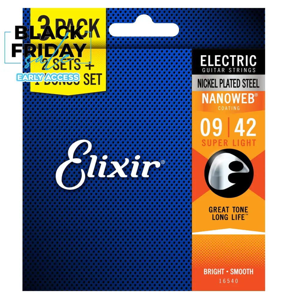Elixir 16540 Nanoweb Nickel Plated Steel Electric Guitar Strings Super Light 0.09-0.42 - 3-PACK Electric Strings