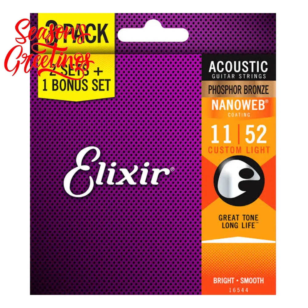 Elixir 16544 Nanoweb Phosphor Bronze Acoustic Guitar Strings.011 -.052 Custom Light 3-pack Folk Steel Strings