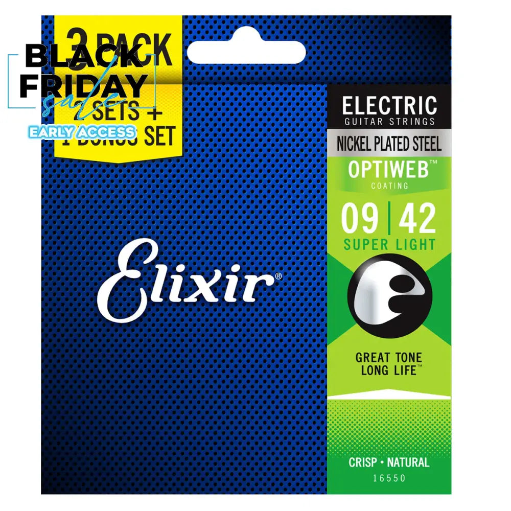 Elixir 16550 Optiweb Nickel Plated Steel Electric Guitar Strings Super Light 0.09-0.42 3-PACK Electric Strings