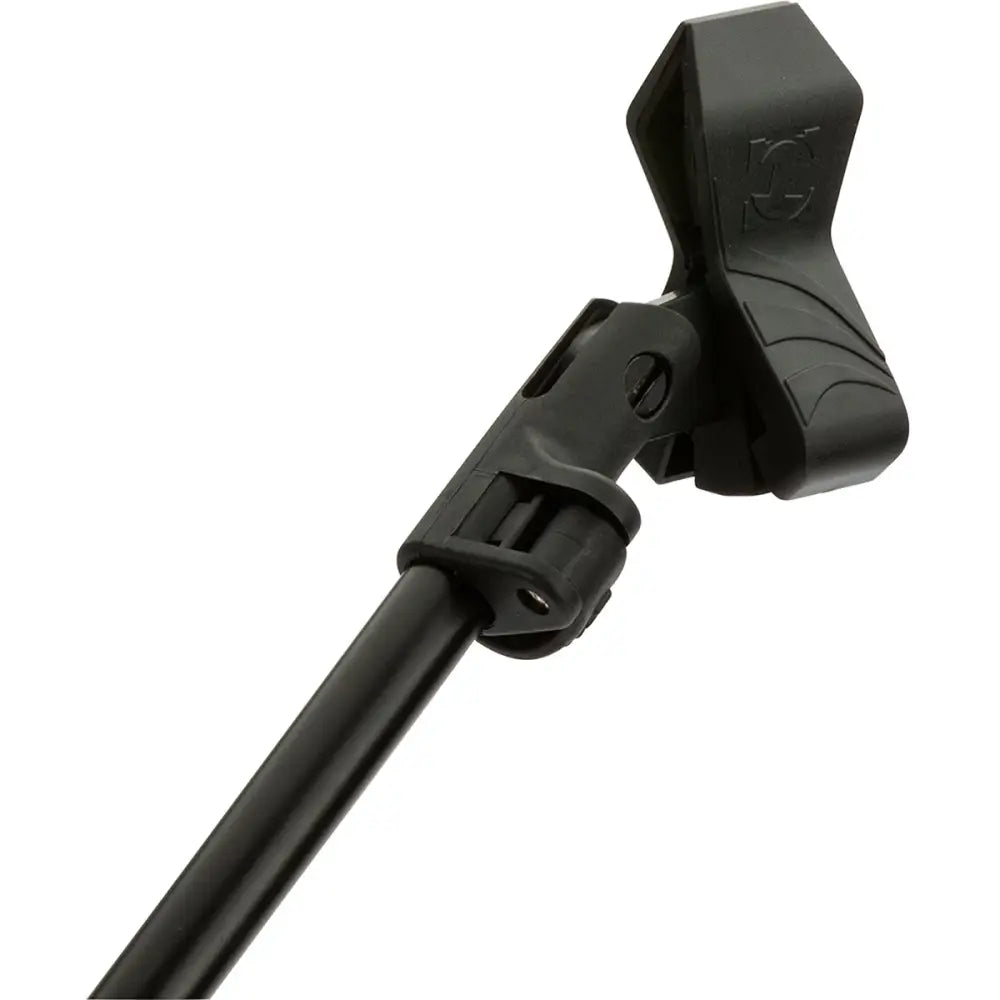 A black Hercules Quick-N-Ez microphone holder attached to a microphone stand.