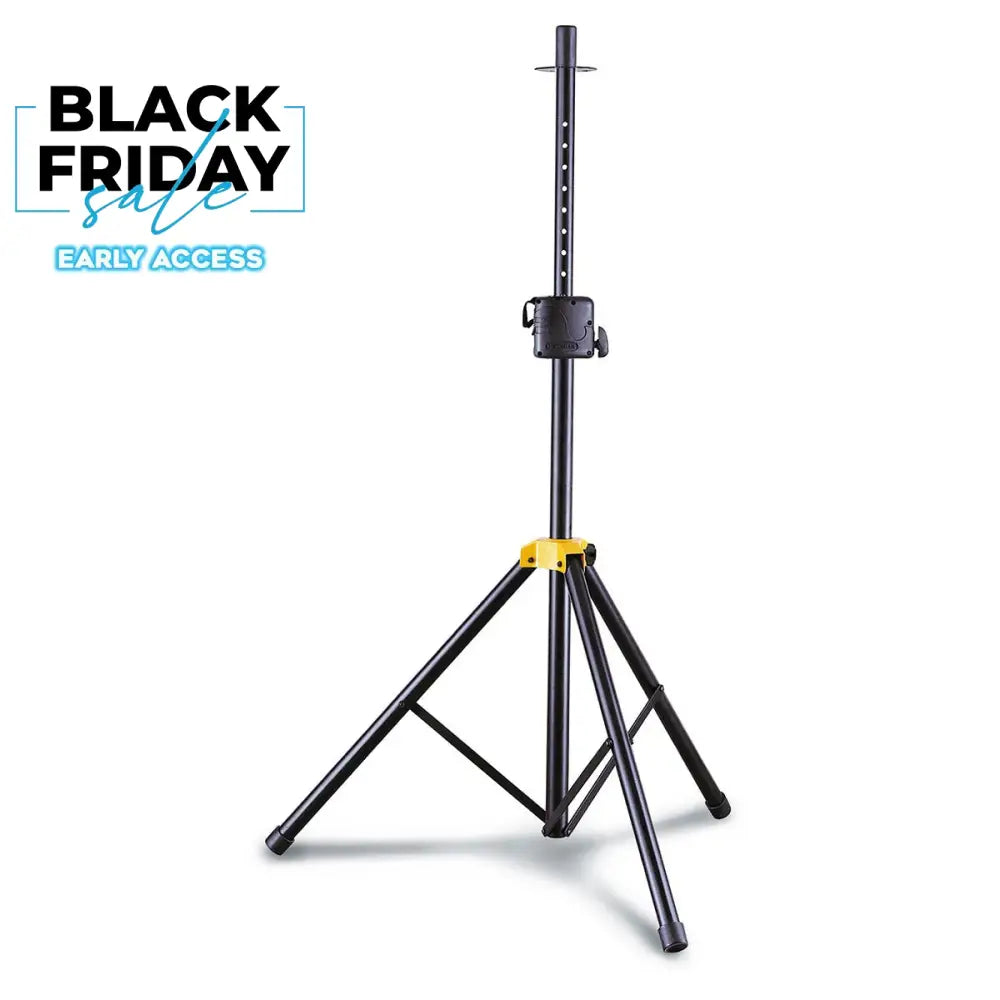 A black Hercules SS400B speaker stand with the Quik-N-EZ AutoLock System, featuring all-aluminum tubes and a yellow safety pin.