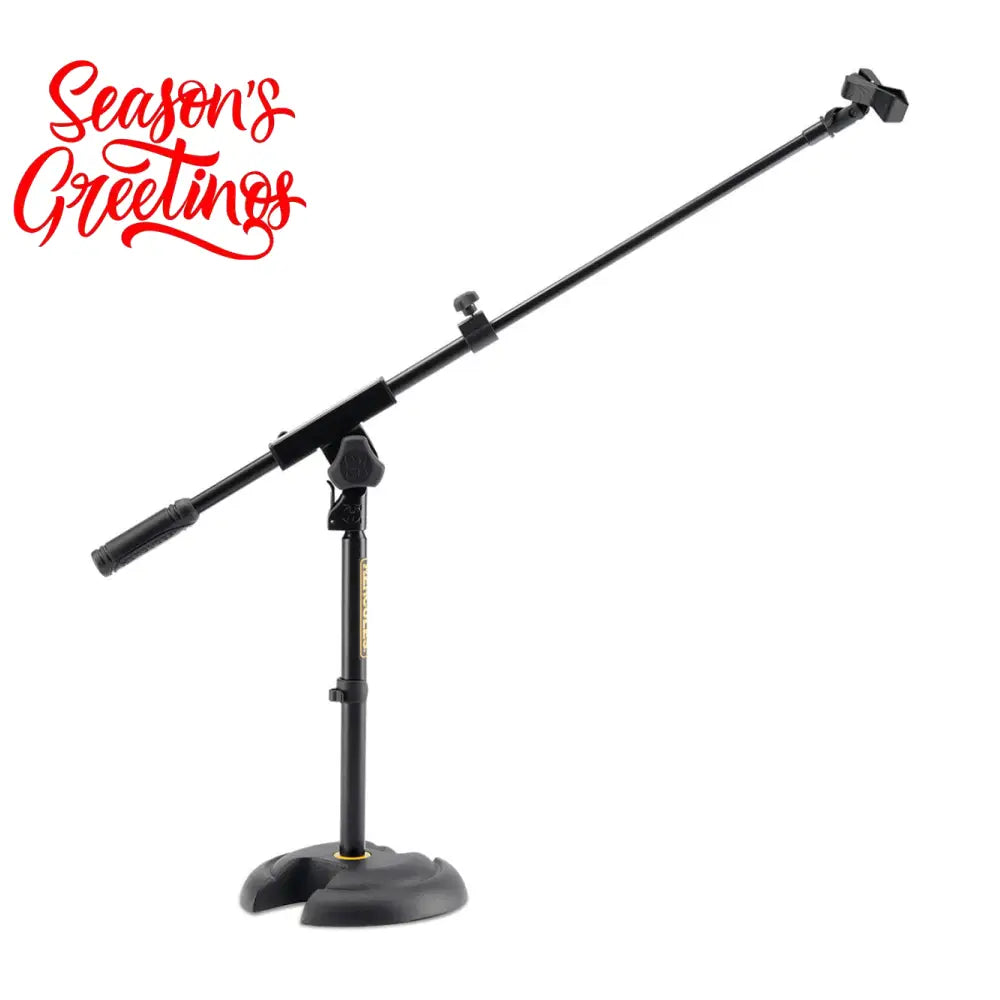 A black Hercules low profile H base microphone stand with a telescopic boom arm.