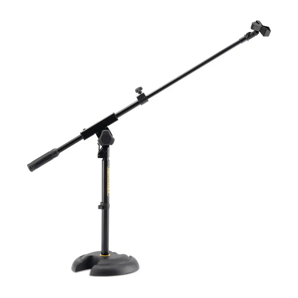 A black Hercules low profile H base microphone stand with a telescopic boom arm.