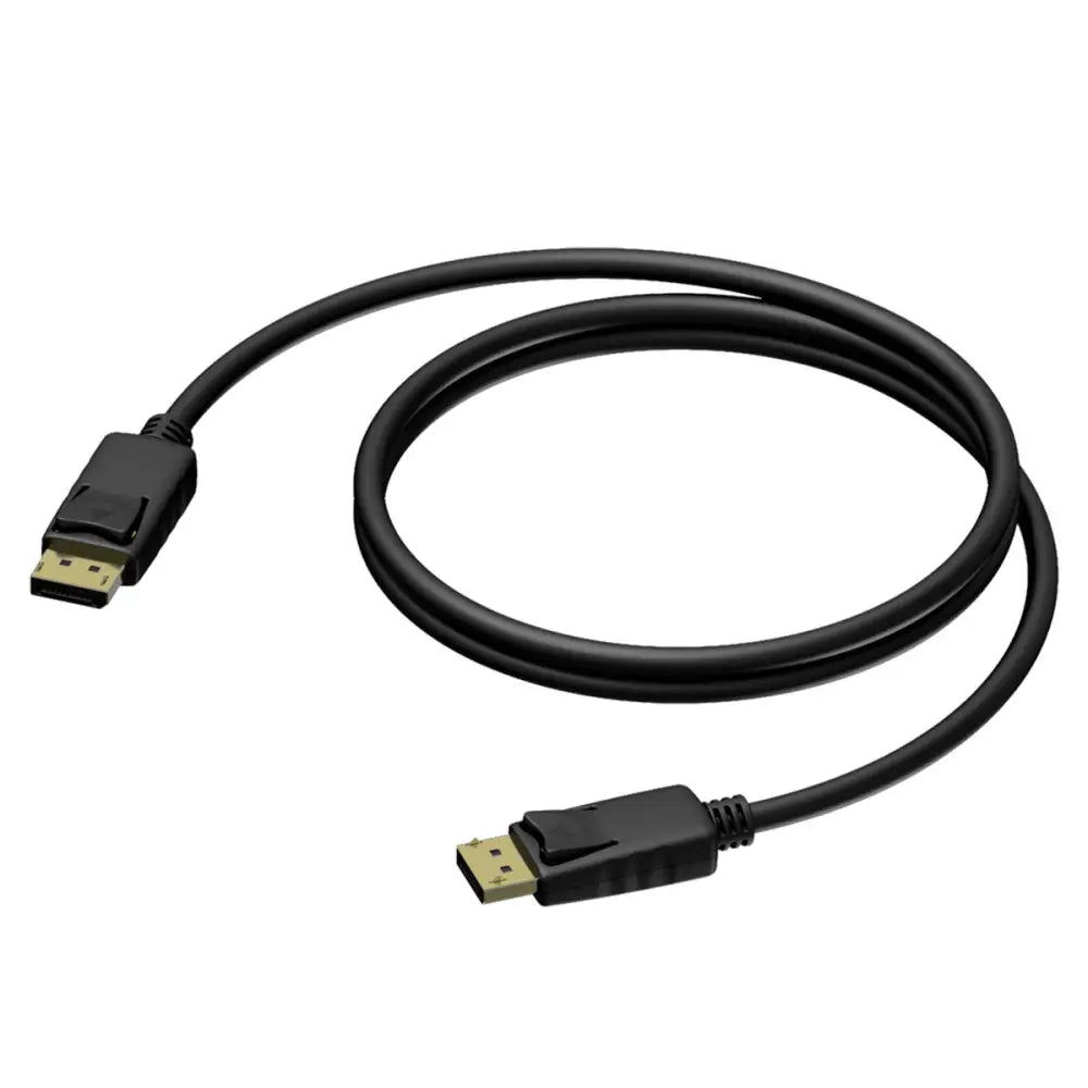 A black DisplayPort cable with connectors on both ends.