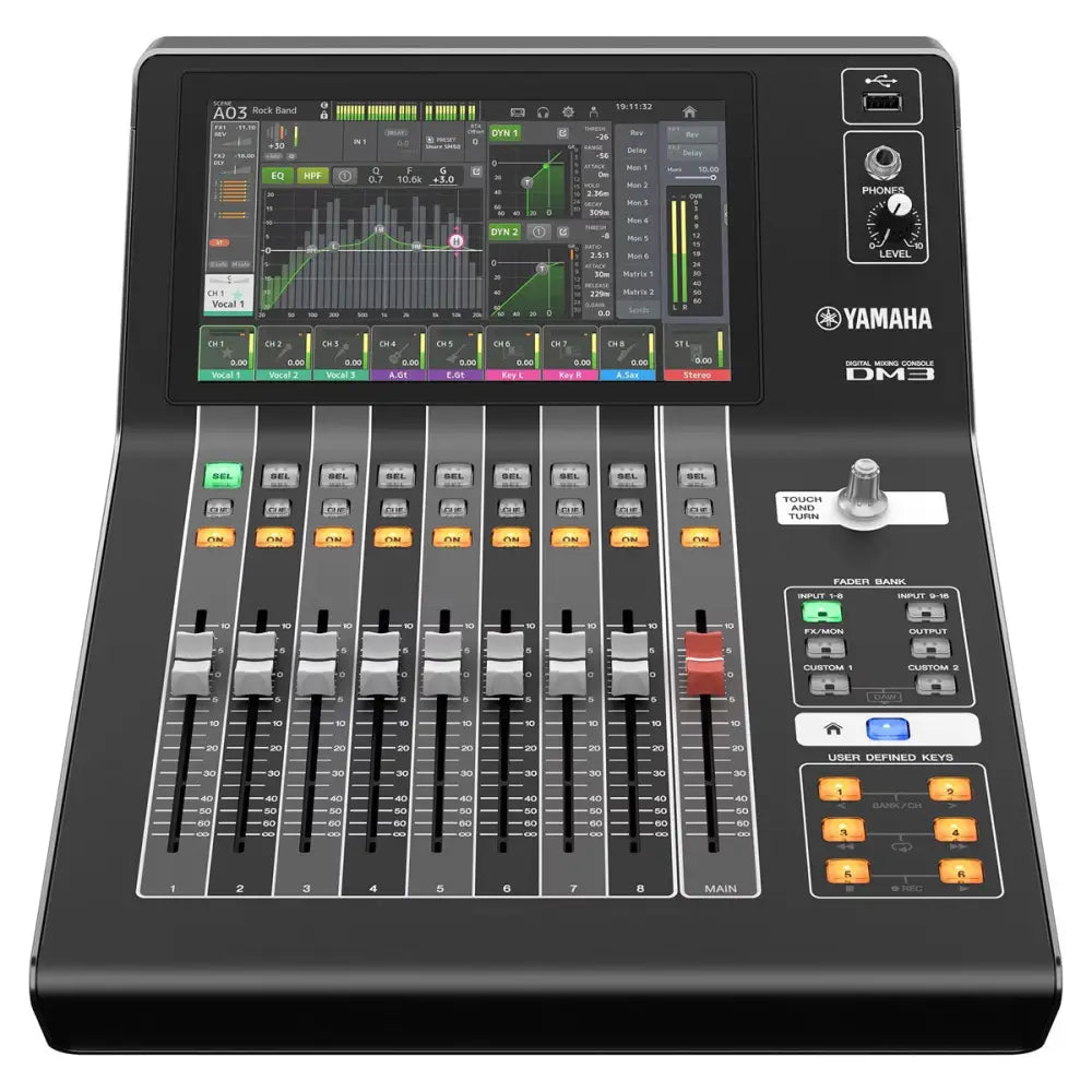 Yamaha DM3-D Digital Mixing Console featuring a black interface with screens and multiple sliders for sound control.
