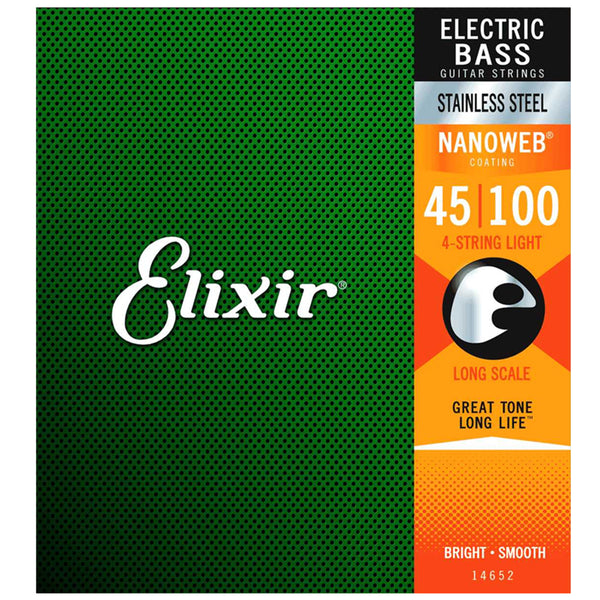 Elixir 14652 4 String Bass Strings Light Long Scale Stainless Steel Nanoweb 0.45-1.00