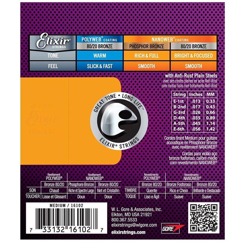 Elixir 16102 Acoustic Medium Phosphor Bronze Nanoweb 0.13-0.56