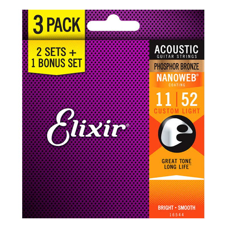 Elixir 16544 Nanoweb Phosphor Bronze Acoustic Guitar Strings -.011-.052 Custom Light 3-pack