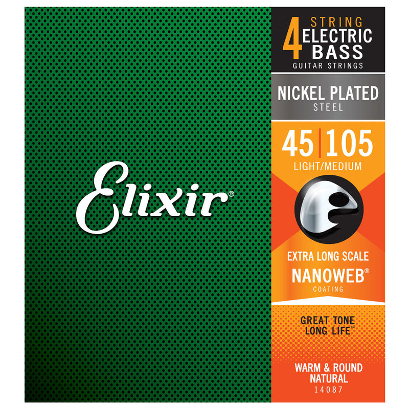 Elixir 14087 4 String Bass Strings Light Medium Extra Long Scale Nickel Plated Steel Nanoweb 0.45-1.05