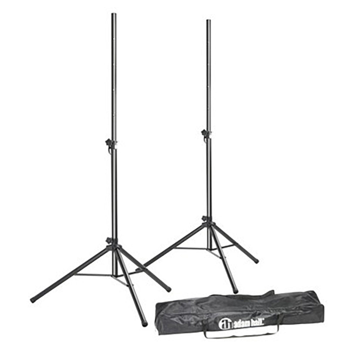 Two black aluminum speaker stands with adjustable heights and a black transport bag with the Adam Hall logo on it.