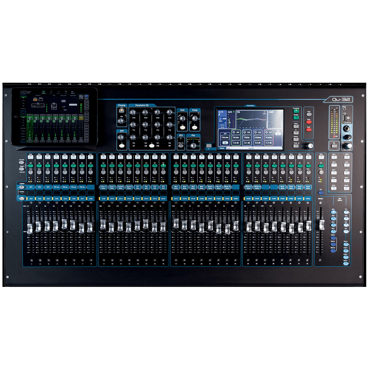 Allen & Heath QU32C Digital Mixing Console, featuring a touchscreen interface, multiple control knobs, and various input ports.