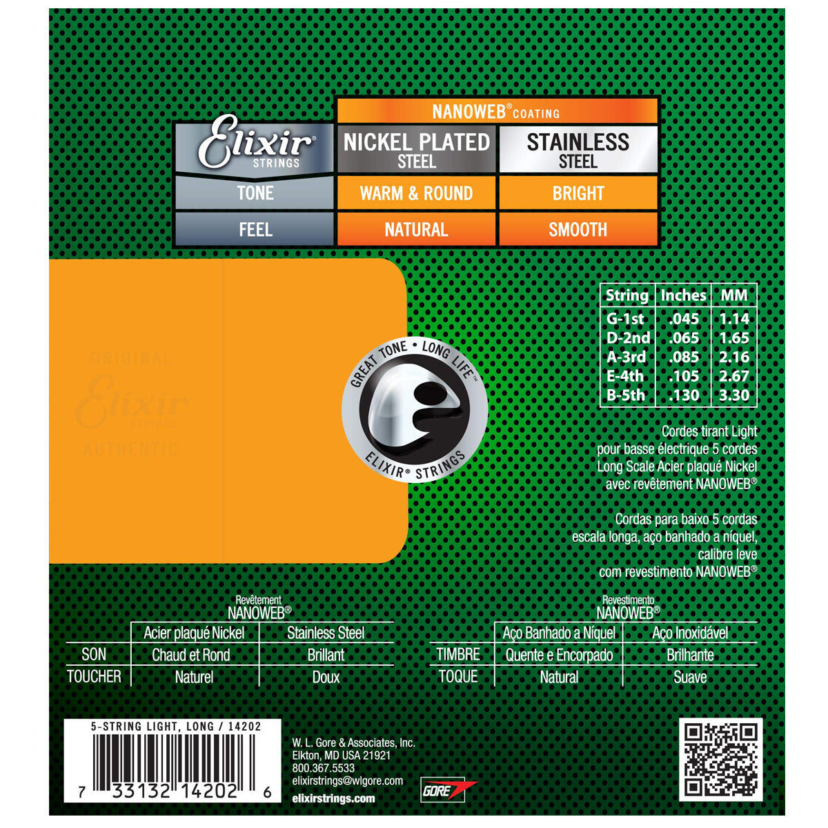 Elixir 14202 Nanoweb Coating Nickel Plated Steel 5-String Bass Guitar Strings Light Medium (0.45-.130)