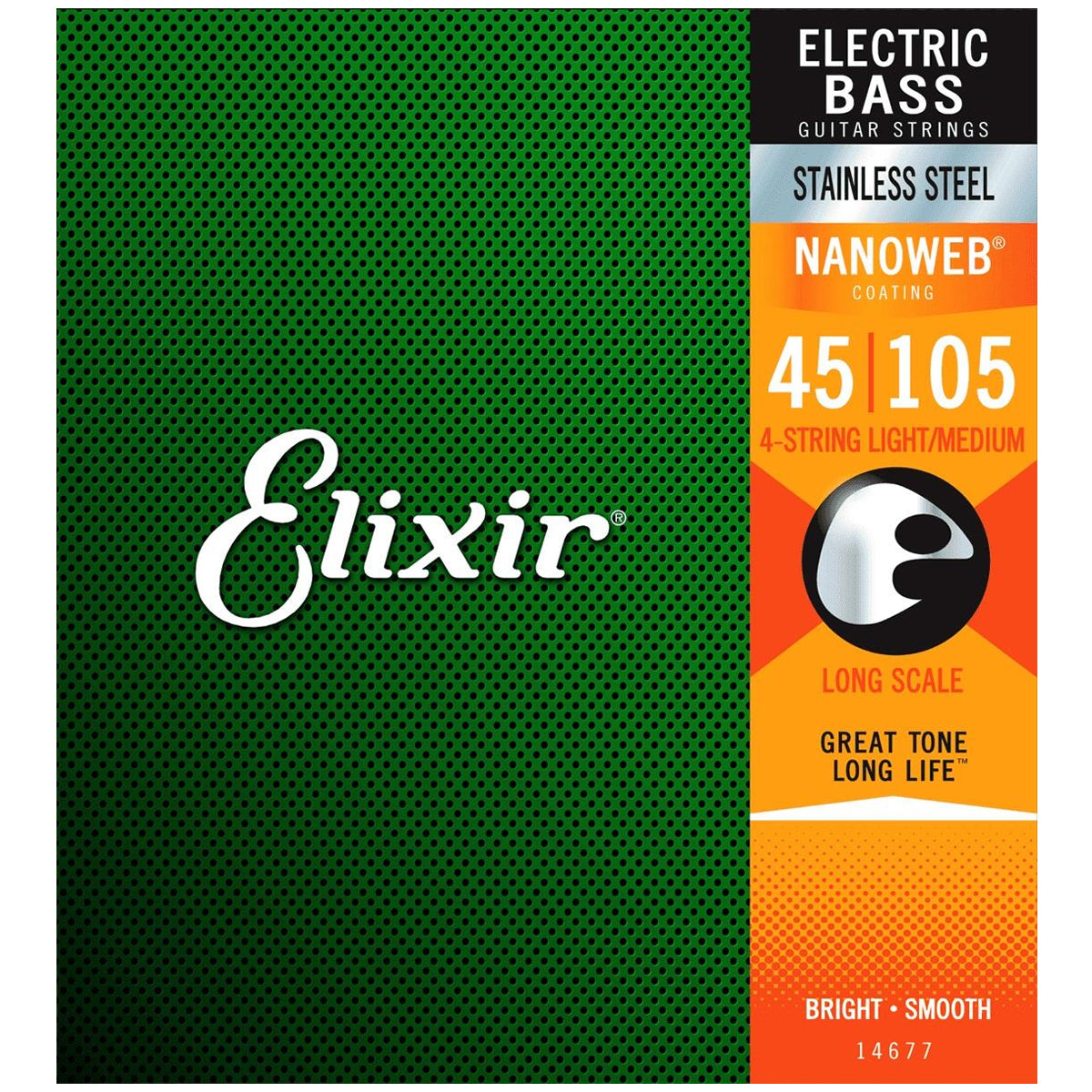 Elixir 14677 Nanoweb Coating Stainless Steel 4-String Bass Guitar Strings Light/Medium Long Scale (.045-.105)