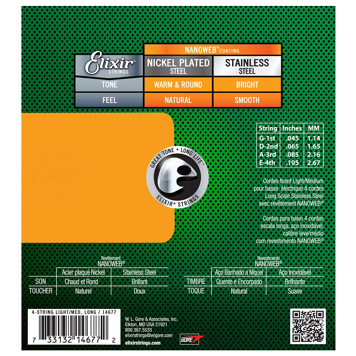 Elixir 14677 Nanoweb Coating Stainless Steel 4-String Bass Guitar Strings Light/Medium Long Scale (.045-.105)