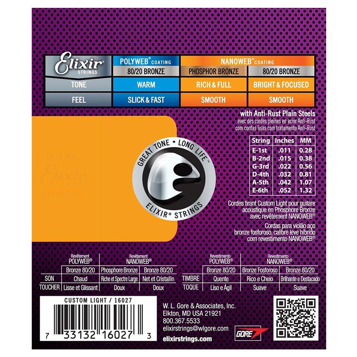 Elixir 16027 Nanoweb Coating Phosphor Bronze Acoustic Guitar Strings Custom Light (0.11-0.52)