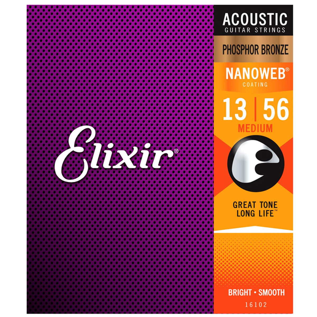 Elixir 16102 Phosphor Bronze Nanoweb Coating Acoustic Guitar Strings Medium (0.13-0.56)