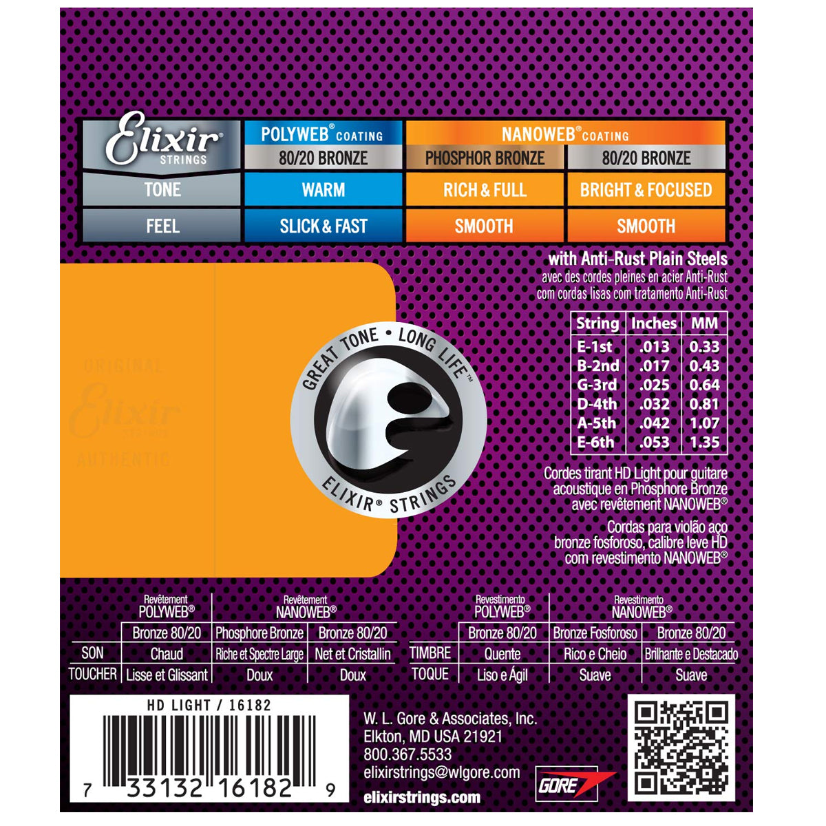 Elixir 16182 Nanoweb Coating HD Phosphor Bronze Acoustic Guitar Strings Light 0.13 - .0.53