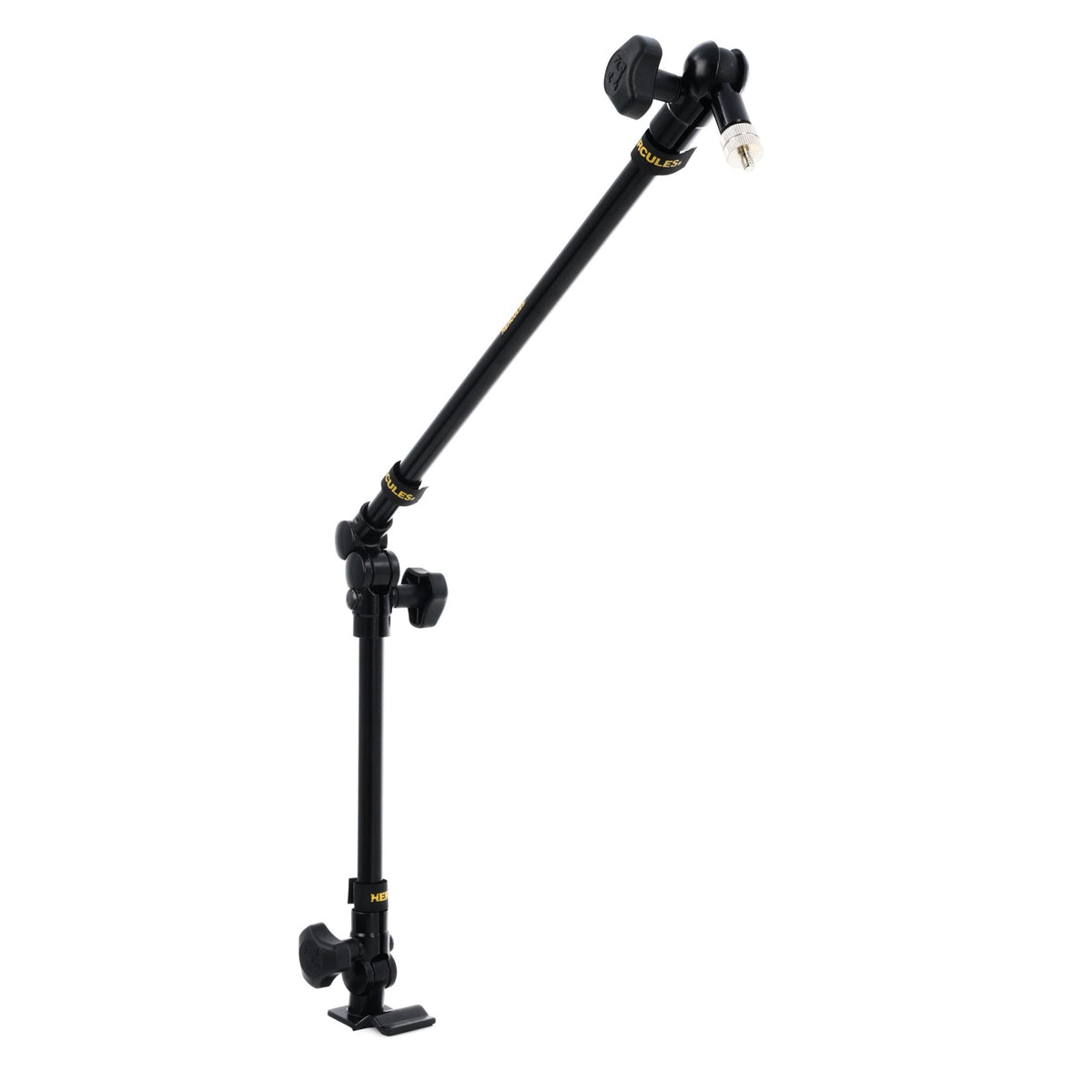A black Hercules universal podcast mic & camera arm stand with multiple adjustable sections and a clamping mechanism.