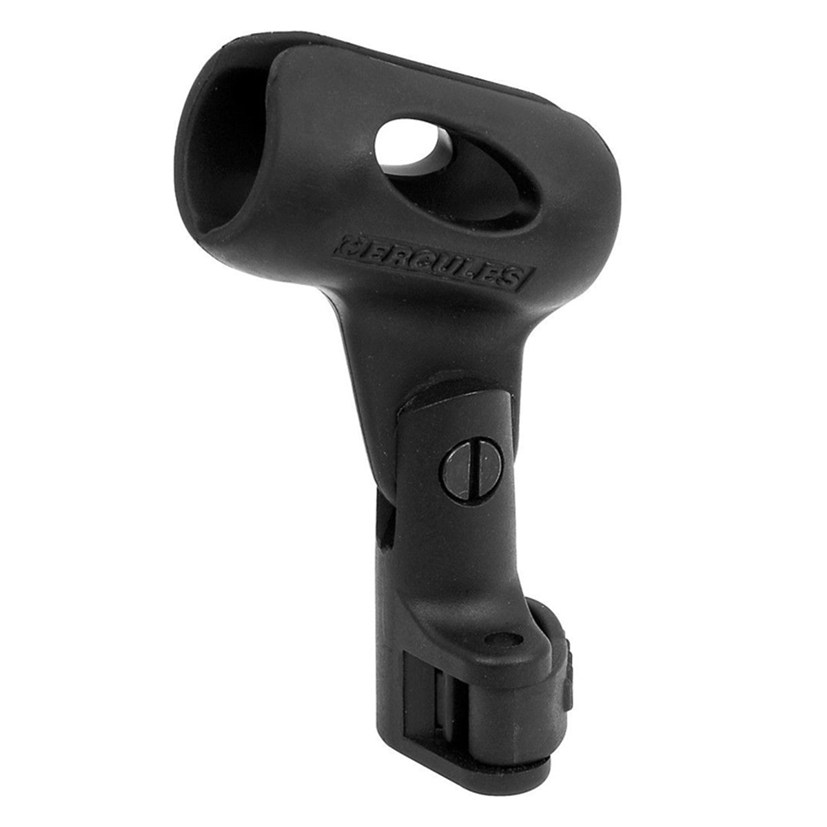 A black Hercules brand microphone holder with a clip and rubber grip designed to attach to a microphone stand.