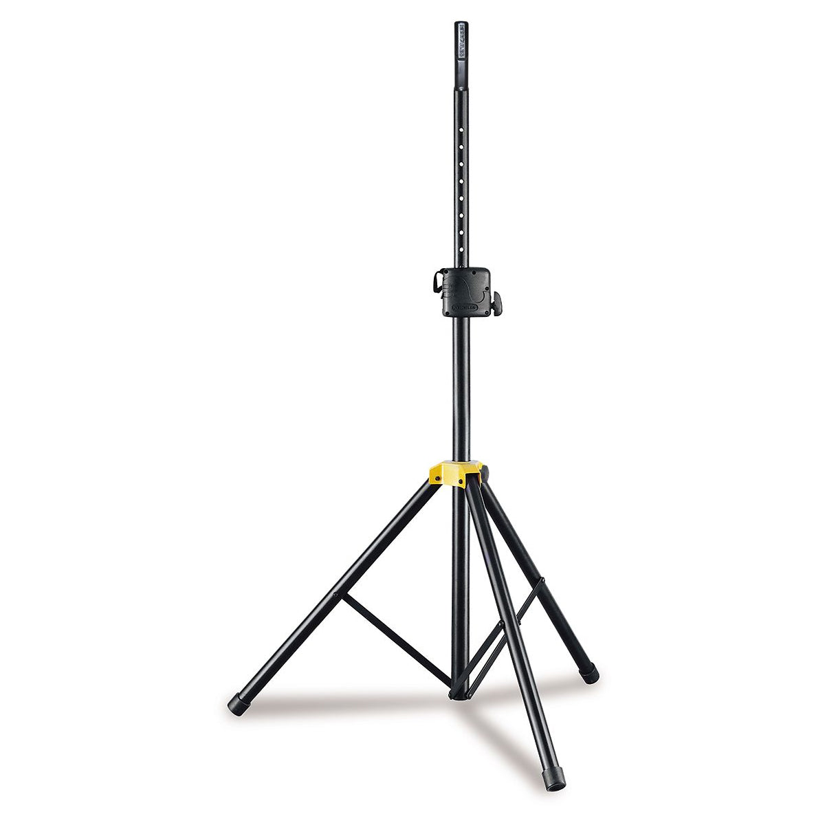 A black Hercules SS410B Autolock speaker stand with a yellow base, featuring a height adjustment mechanism and aluminum tubing.