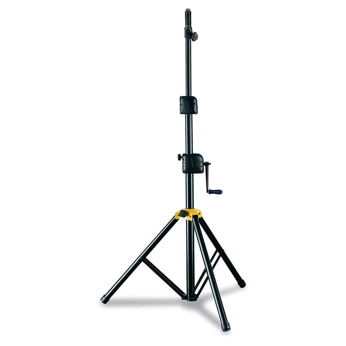 A black Hercules SS710B Gear Up speaker stand with an adjustable height stand, aluminum tubing, and a yellow accent at the base.