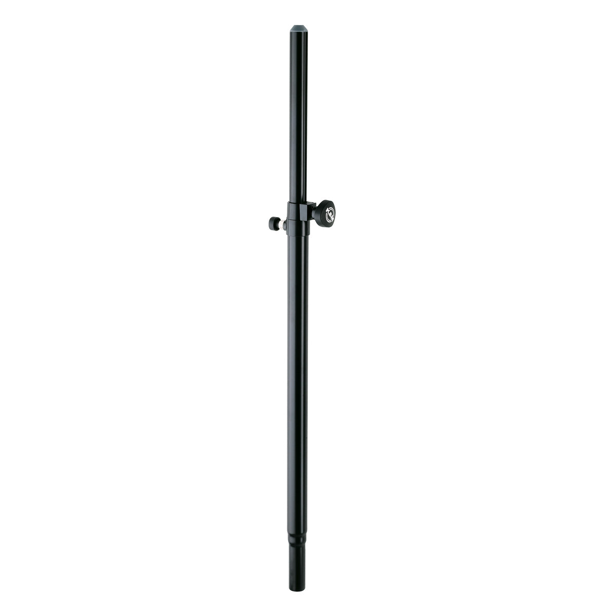 Black steel connecting rod with a spring-loaded locking screw and safety bolt, designed for satellite systems.