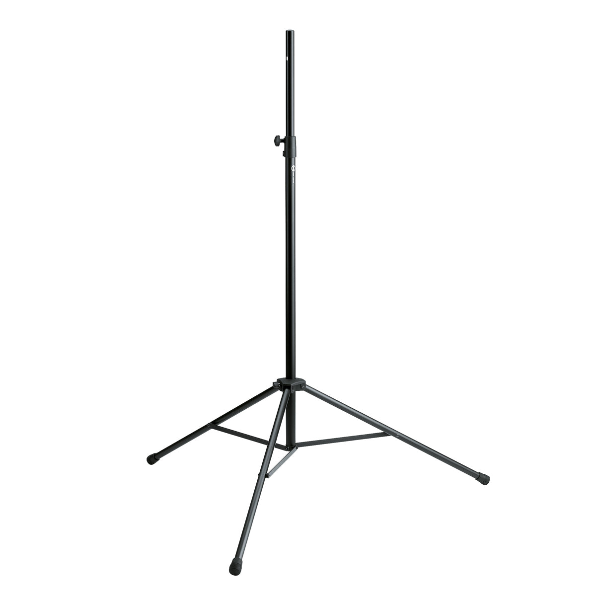 A lightweight black aluminum speaker/monitor stand with a three-legged base and a clamping element with locking screw.
