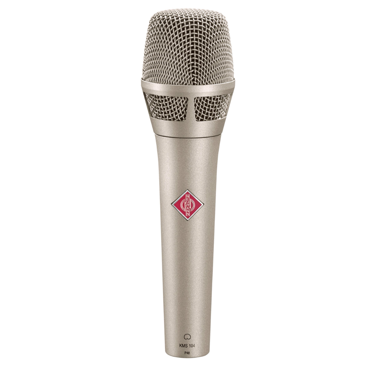 A Neumann KMS 104 vocalist microphone, featuring a cardioid pattern and a nickel condenser mic capsule. The microphone is designed for stage use and has a pop protection screen.