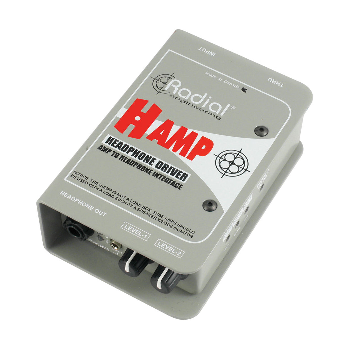 Radial H-AMP headphone driver with two mono headphone outputs, level control knob, and LED indicators on the front panel.