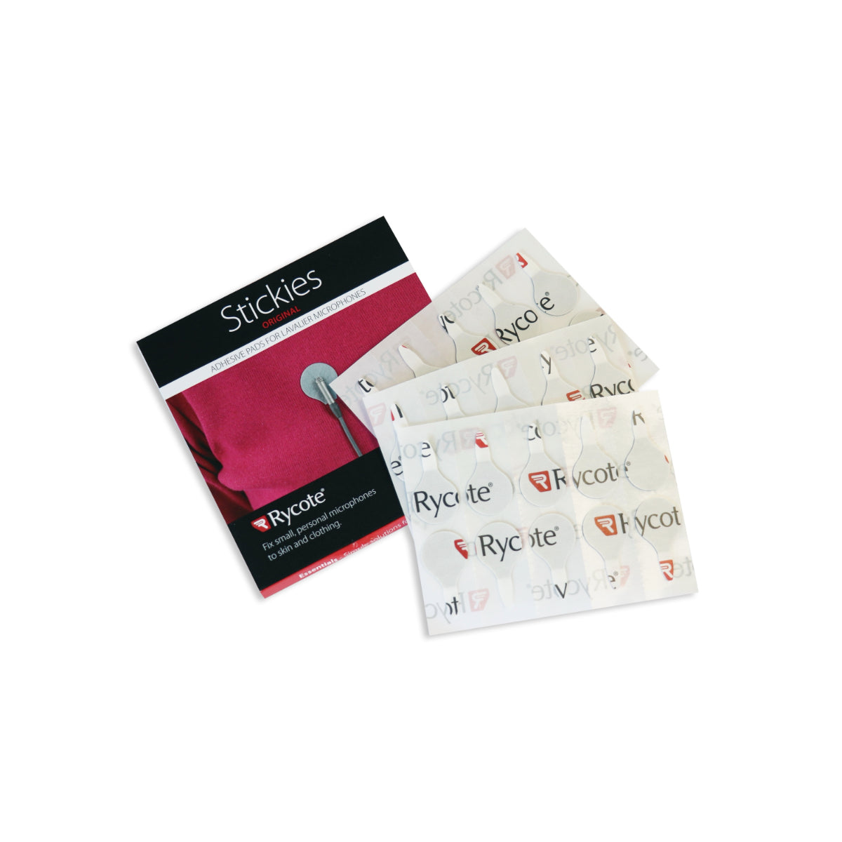 Pack of Rycote Stickies with individual sticky pads visible on a surface.