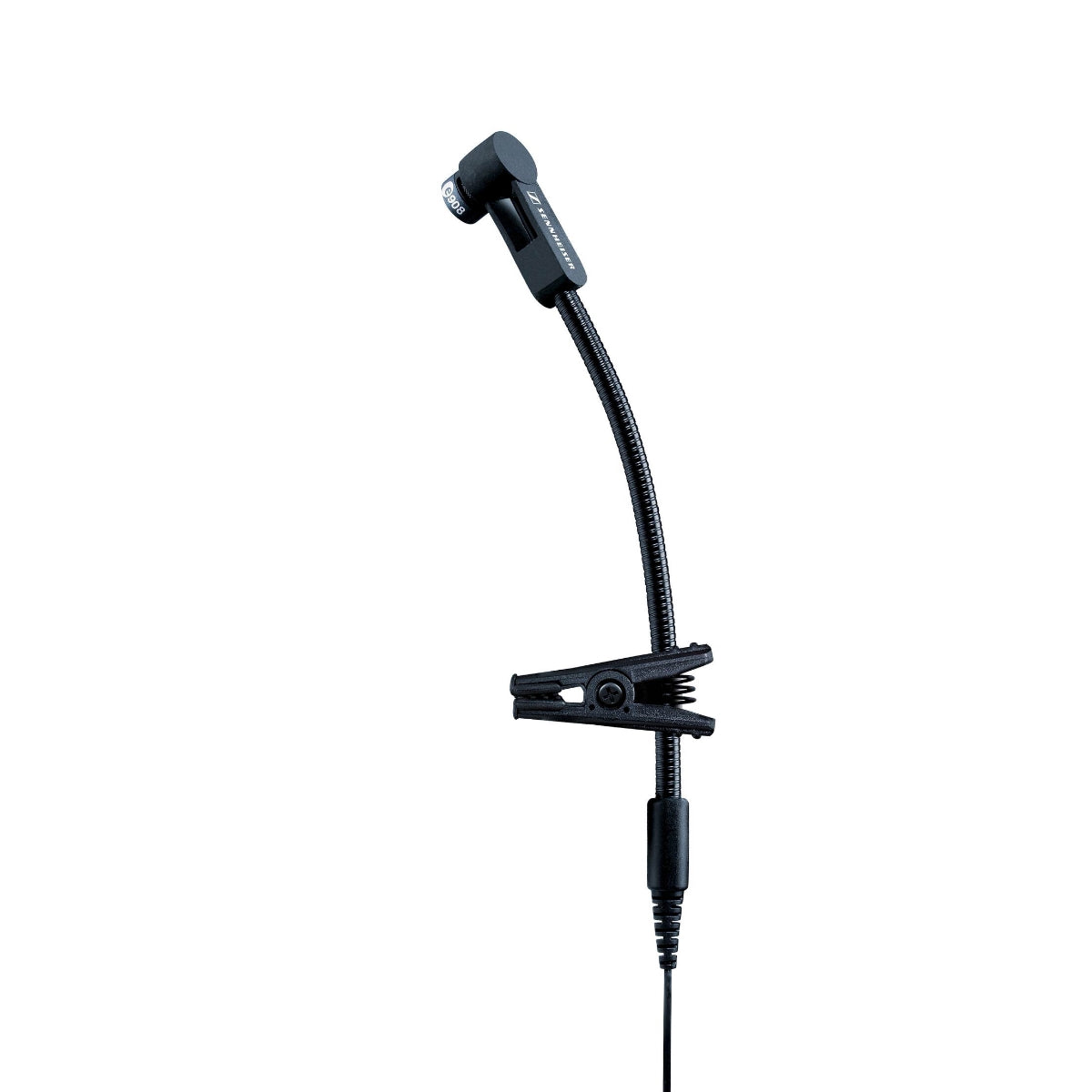 A Sennheiser E 908 B Condenser Gooseneck Instrument Microphone, primarily black in color, with a flexible gooseneck and a clip for attaching to a brass instrument.