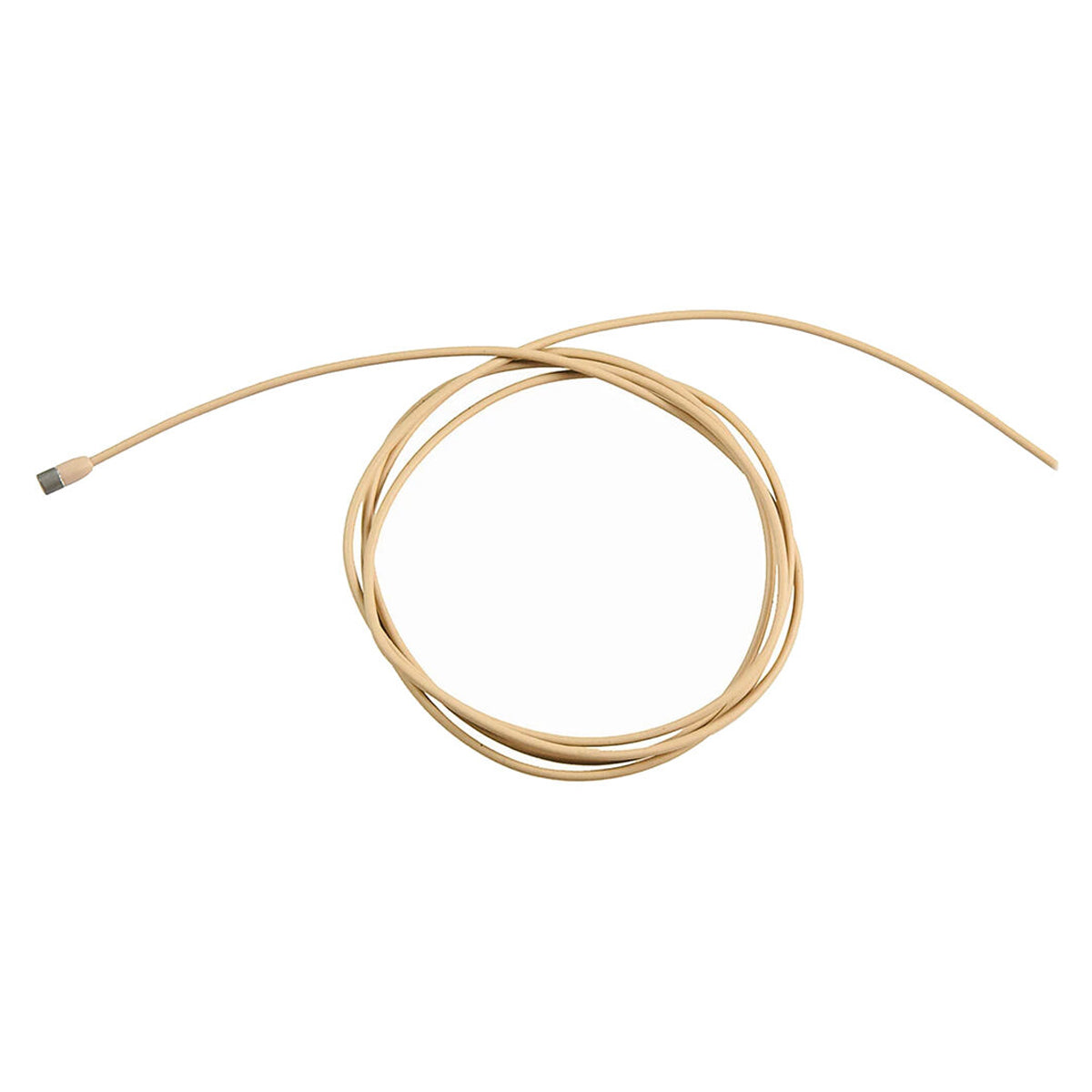 A beige Sennheiser MKE 2-EW-3 GOLD omni-directional clip-on microphone with coiled cable.