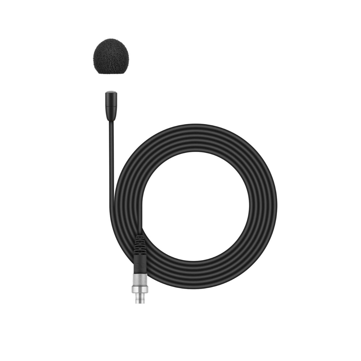 Sennheiser MKE Essential Omni-Black 3-Pin Lavalier Microphone with coiled cable and standard connector.