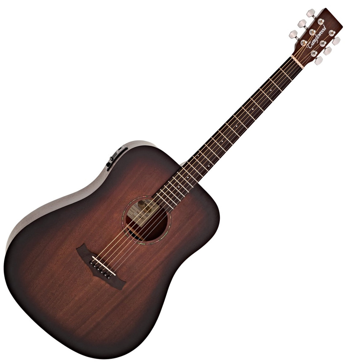A Tanglewood Crossroads Dreadnought vintage burst acoustic electric guitar with a dark stain finish and a Techwood bridge and fingerboard.