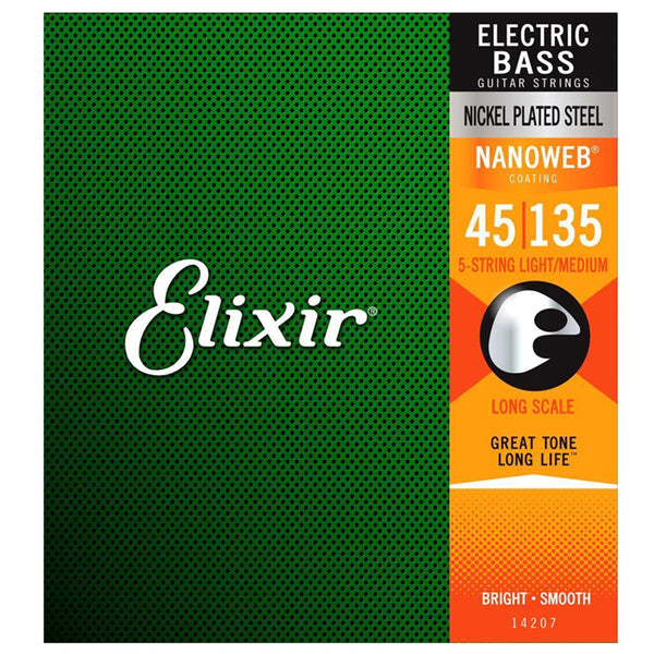 Elixir 14207 5 String Bass Strings Light/Medium Long Scale Nickel Plated Steel Nanoweb 0.45-1.35